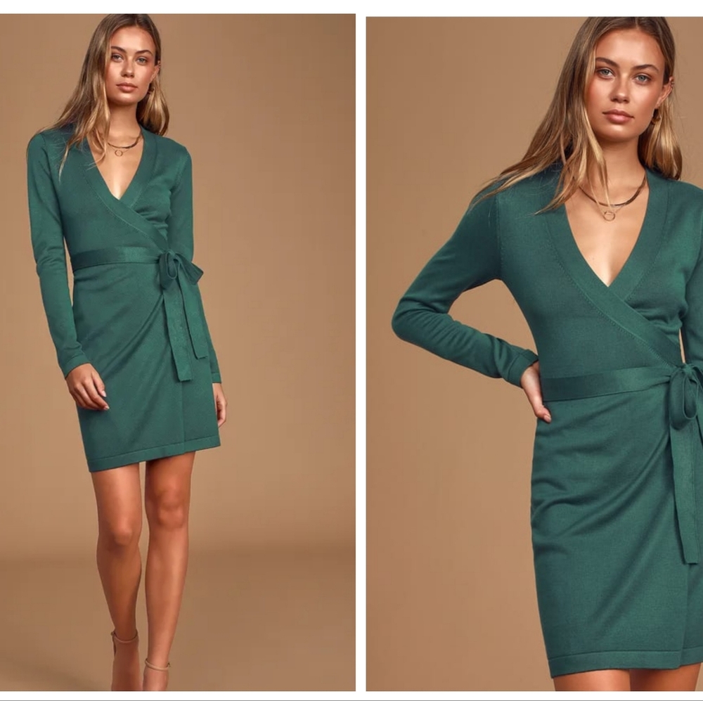 Lulus Literary Lover Forest Green Wrap Sweater Dress